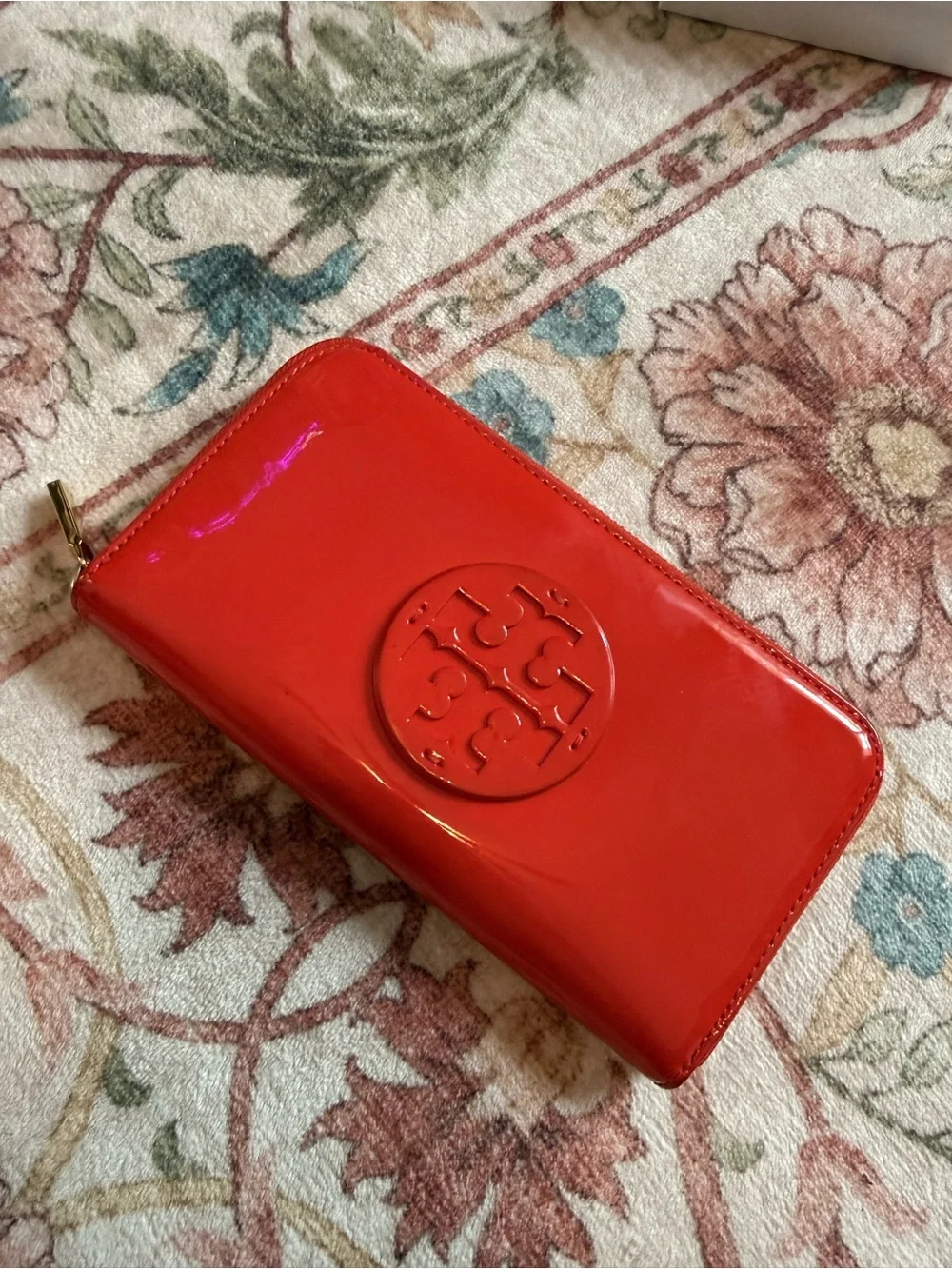 Tory Burch Glossy Red Patent Zip Wallet with Logo